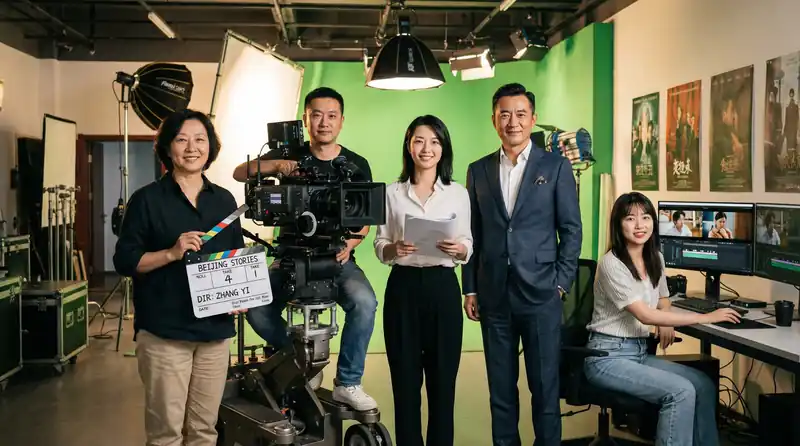 抖阴专业影视制作团队在现代化摄影棚中合影，展示导演、摄影师、编剧、制片人和剪辑师