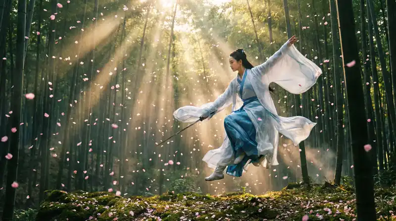 抖阴精彩影片预告片画面，竹林中女侠飞身舞剑